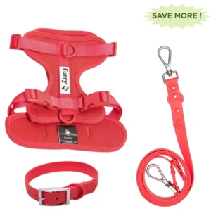 Furry & Co Bold Harness, Collar and Leash for Dogs Combo (Coral Red)