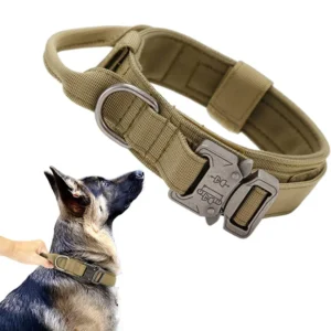 QPets Tactical Adjustable Nylon Collar with Handle for Dogs (Khaki)